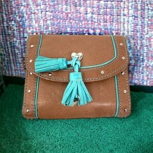 NEW Lovcat Brown Leather and Teal Tassle Trifold Wallet